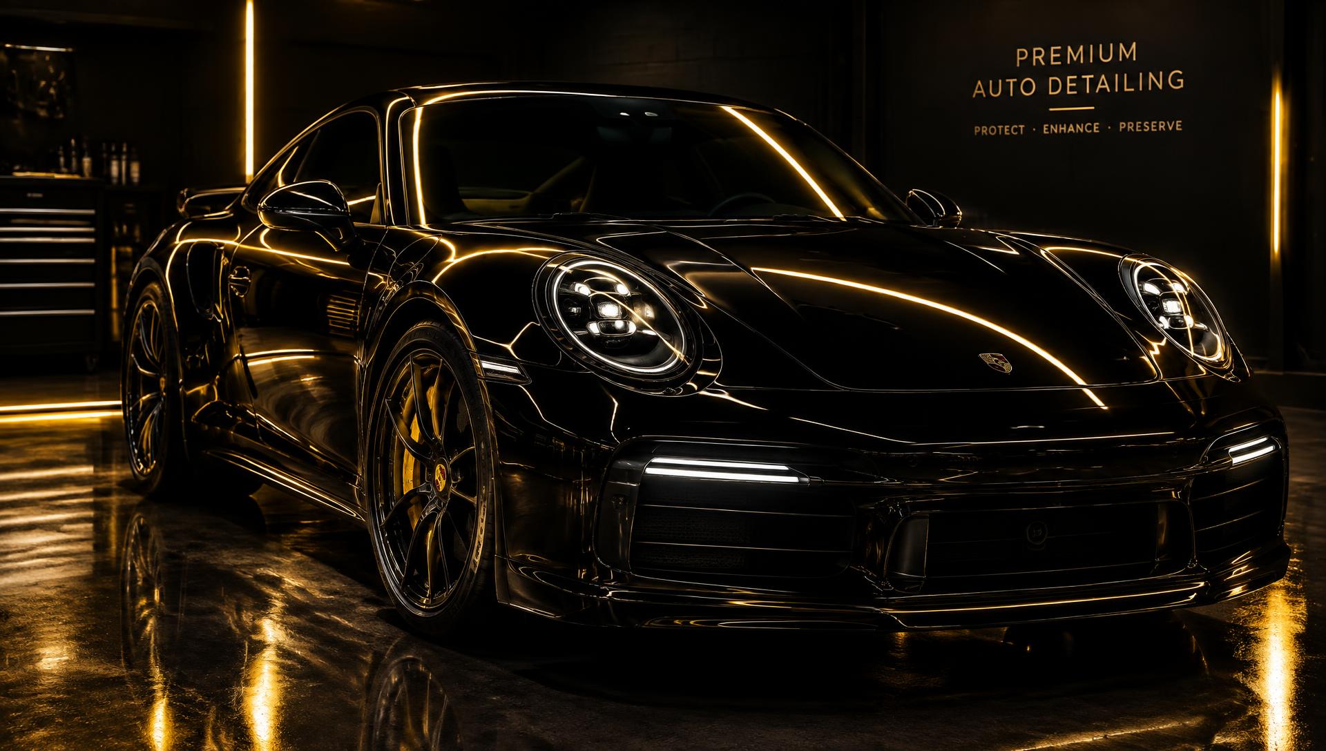 Freshly detailed black sports car with golden reflections
